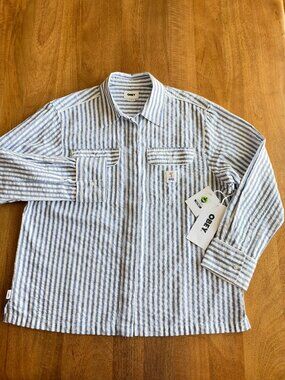 OBEY NWT Blue and White Vertical Stripe Button-Down Shirt Womens | Sz Small